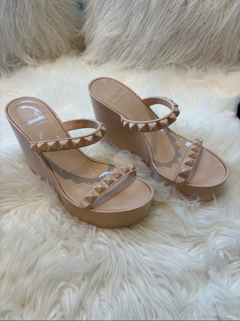 Carmen Sol Beige Patent Studded Wedge Sandals